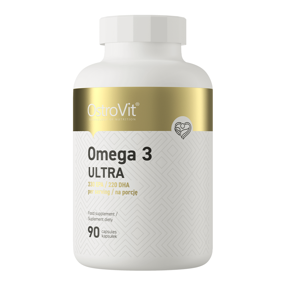 Omega 3 Ultra 90 capsules with EPA and DHA acids, also containing vitamin E