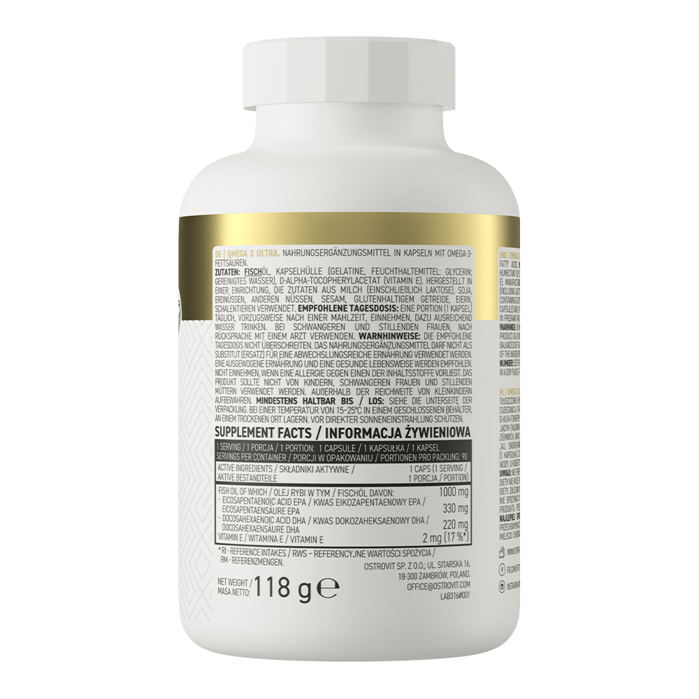 Omega 3 Ultra 90 capsules with EPA and DHA acids, also containing vitamin E