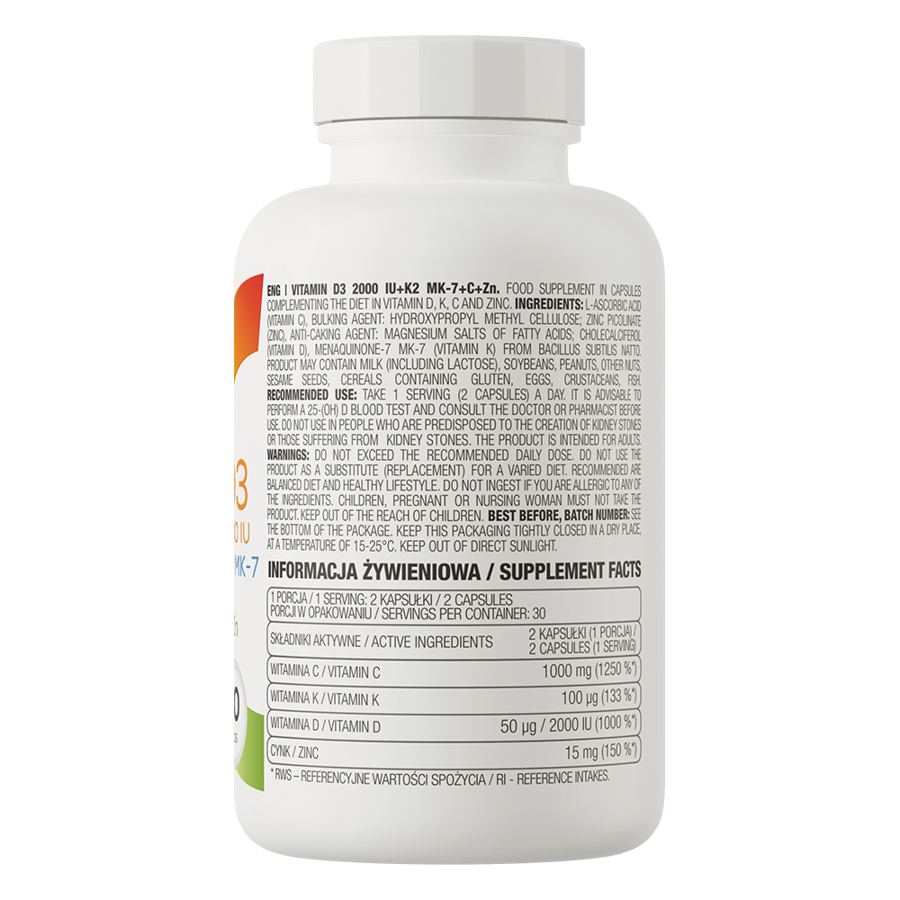 Vitamin D3 2000 IU + K2 MK-7 + C + Zinc 60 capsules